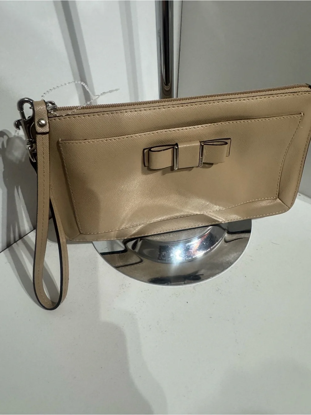 Coach Beige Saffiano Wristlet Clutch with Bow Trim